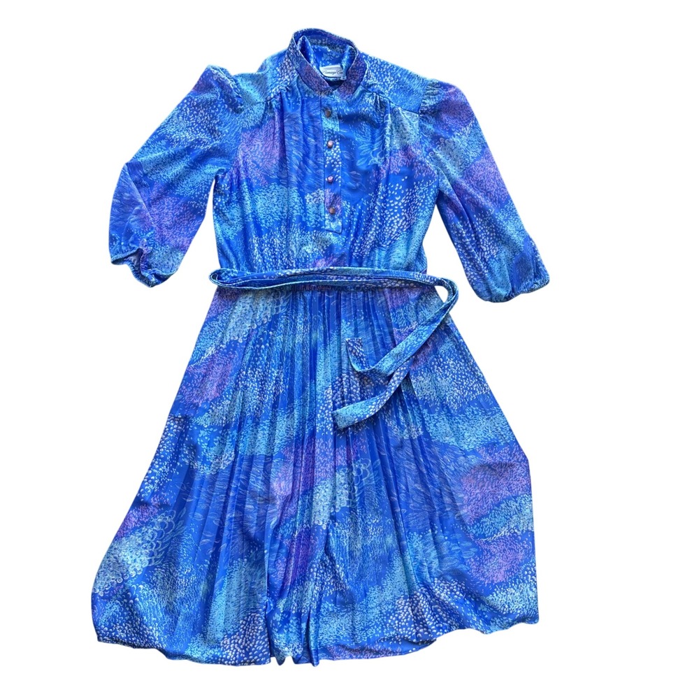 Vintage Carriage Court Blue Purple Abstract Pleated Midi Dress High Neck Belted